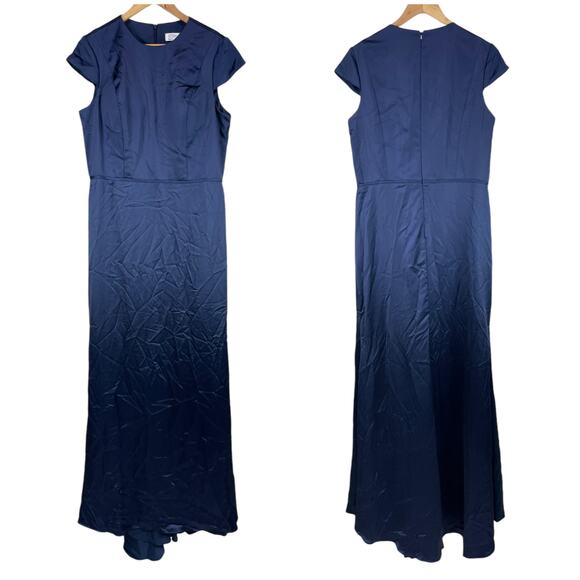 Mac Duggal NWT Satin Cap Sleeve Gown Midnight Blue Size 12 High Neck Back Train - Picture 3 of 8